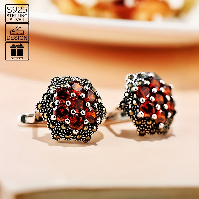 925 Sterling Silver Flower Garnet Earrings Hypoallergenic